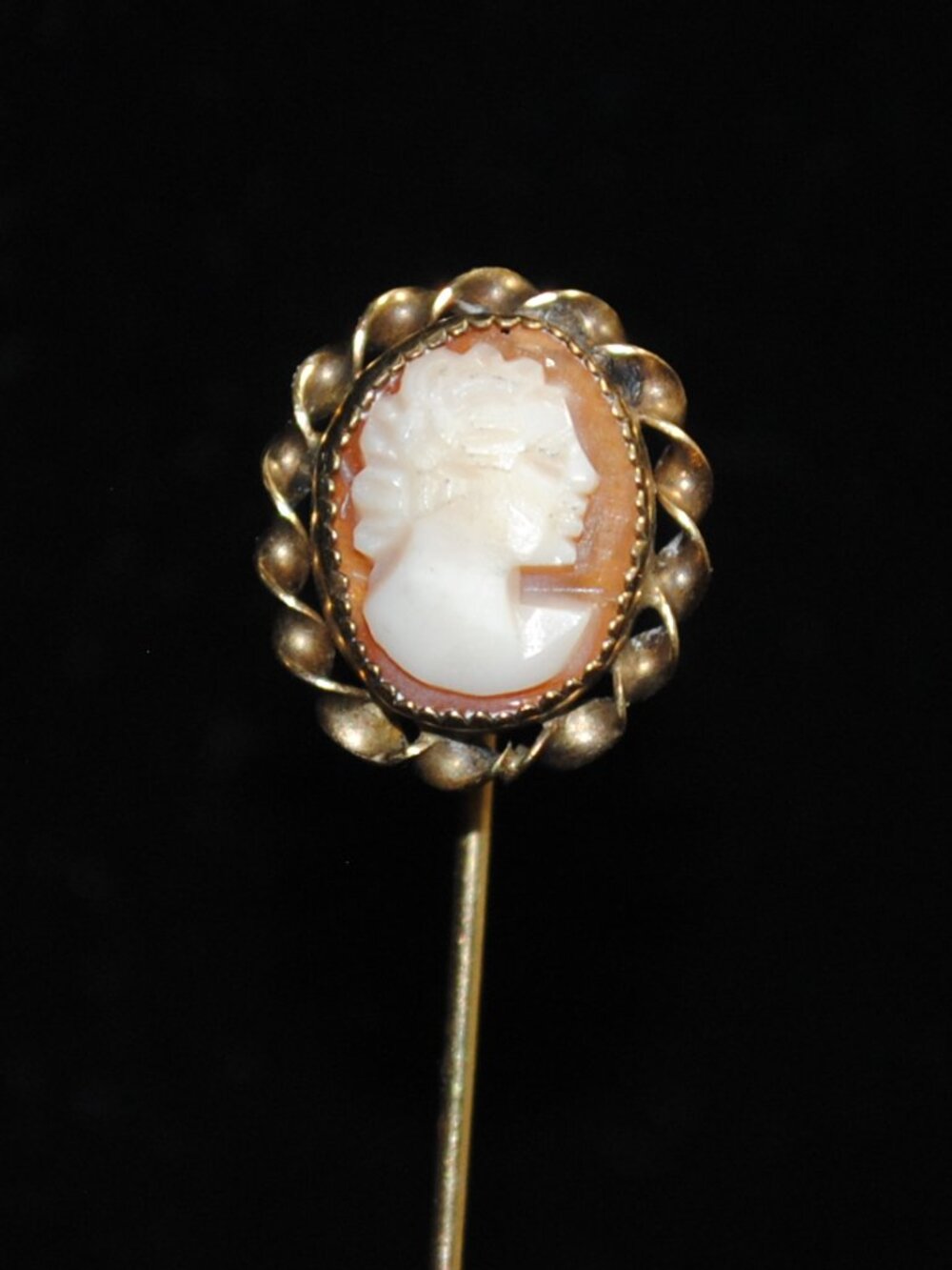 Vintage Carved Shell Cameo Stick / Tie Pin with Rope Twist Border